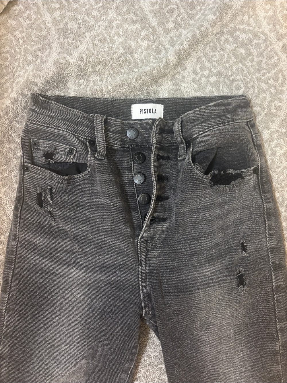 pistola Distressed High-Rise Gray Button-Fly Jeans